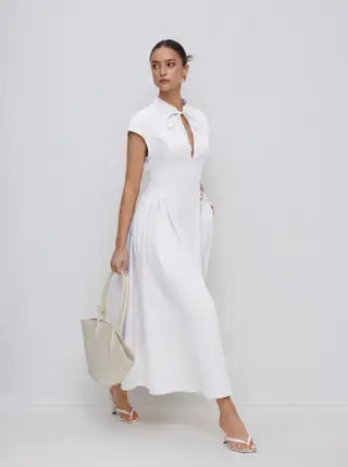Stand Collar Tie-Neck Short Sleeve Draped Pocket Flared Maxi Dress
