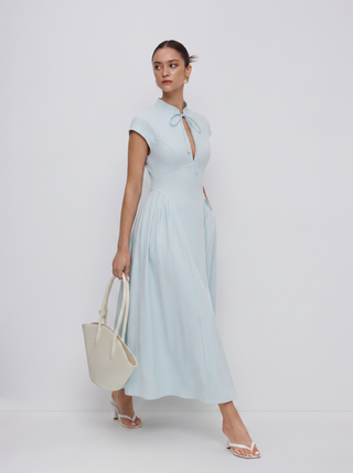 Stand Collar Tie-Neck Short Sleeve Draped Pocket Flared Maxi Dress