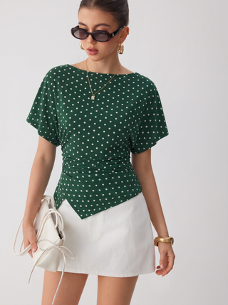 Polka Dot Boat Neck Batwing Sleeve Ruched Asymmetrical Tee