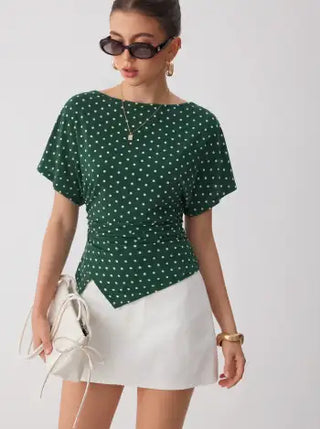 Polka Dot Boat Neck Batwing Sleeve Ruched Asymmetrical Tee