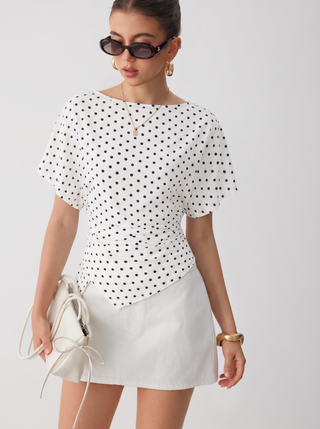 Polka Dot Boat Neck Batwing Sleeve Ruched Asymmetrical Tee
