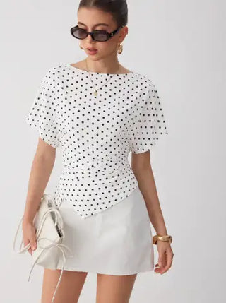 Polka Dot Boat Neck Batwing Sleeve Ruched Asymmetrical Tee