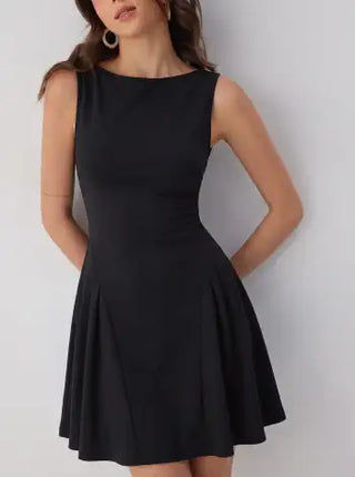 Boat Neck Pleated A-line Mini Dress