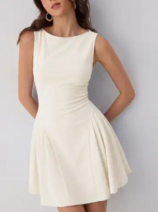 Boat Neck Pleated A-line Mini Dress