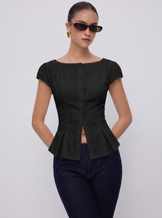 Cotton-blend Textured Boat Neck Puff Sleeve Button Through Peplum Blouse