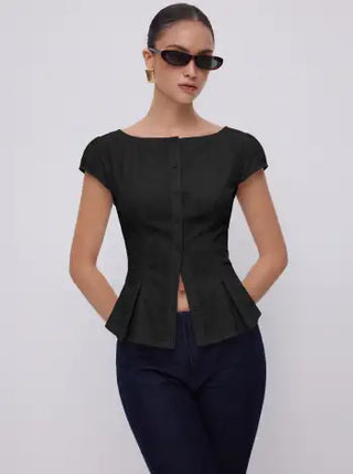 Cotton-blend Textured Boat Neck Puff Sleeve Button Through Peplum Blouse