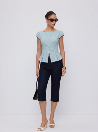 Cotton-blend Textured Boat Neck Puff Sleeve Button Through Peplum Blouse