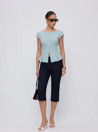Cotton-blend Textured Boat Neck Puff Sleeve Button Through Peplum Blouse