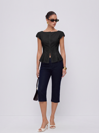 Cotton-blend Textured Boat Neck Puff Sleeve Button Through Peplum Blouse