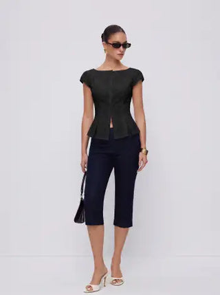 Cotton-blend Textured Boat Neck Puff Sleeve Button Through Peplum Blouse