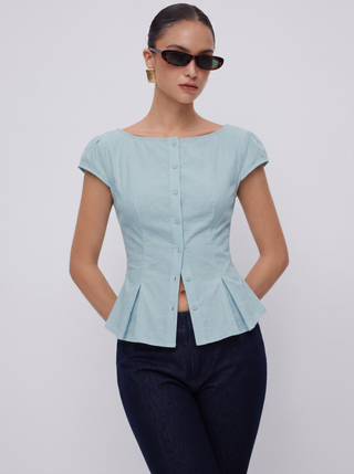 Cotton-blend Textured Boat Neck Puff Sleeve Button Through Peplum Blouse