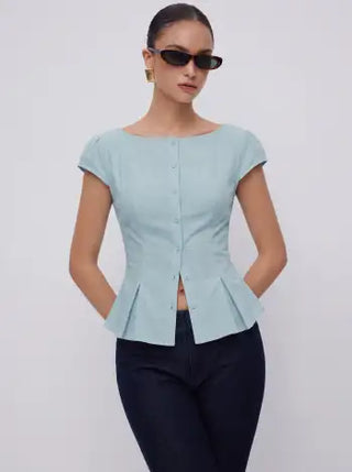 Cotton-blend Textured Boat Neck Puff Sleeve Button Through Peplum Blouse