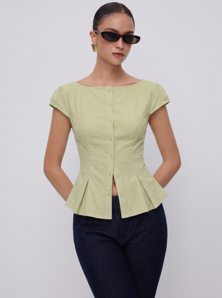 Cotton-blend Textured Boat Neck Puff Sleeve Button Through Peplum Blouse