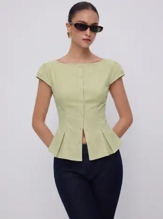 Cotton-blend Textured Boat Neck Puff Sleeve Button Through Peplum Blouse