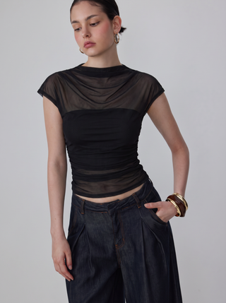 Mesh High Neck Sleeveless Draped Ruched Top