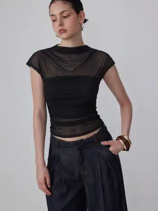 Mesh High Neck Sleeveless Draped Ruched Top