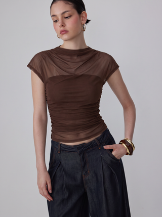 Mesh High Neck Sleeveless Draped Ruched Top