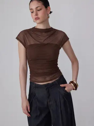 Mesh High Neck Sleeveless Draped Ruched Top
