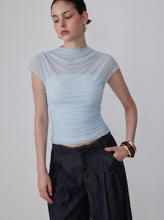 Mesh High Neck Sleeveless Draped Ruched Top