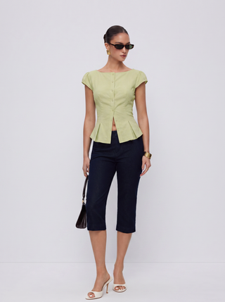 Cotton-blend Textured Boat Neck Puff Sleeve Button Through Peplum Blouse