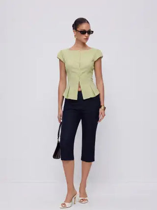 Cotton-blend Textured Boat Neck Puff Sleeve Button Through Peplum Blouse