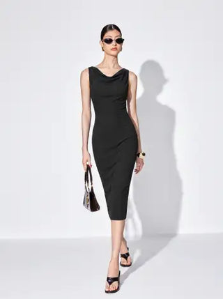 Textured Cowl Neck Bodycon Midi Dress