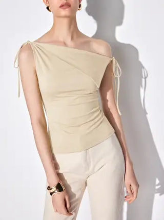 Asymmetrical Neck Draped Knotted Tank Top