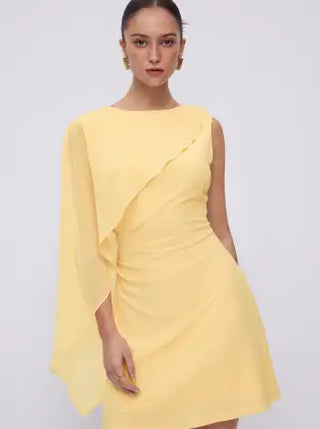 Textured Boat Neck Ruched Asymmetrical Draped A-line Mini Dress