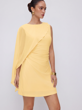 Textured Boat Neck Ruched Asymmetrical Draped A-line Mini Dress