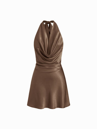 Sage Satin Halter Neck Ruched Mini Dress