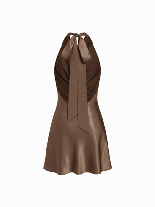 Sage Satin Halter Neck Ruched Mini Dress
