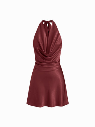 Sage Satin Halter Neck Ruched Mini Dress