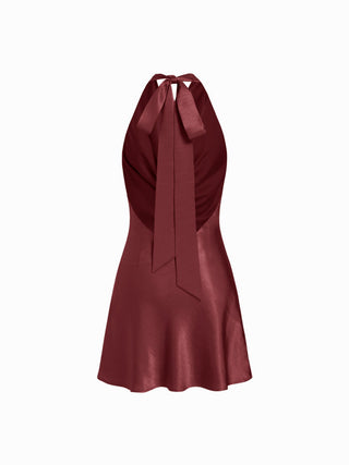 Sage Satin Halter Neck Ruched Mini Dress