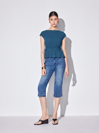 Textured Boat Neck Ruffled Peplum Hem Tie Side Top