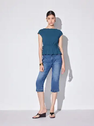 Textured Boat Neck Ruffled Peplum Hem Tie Side Top