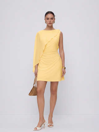 Textured Boat Neck Ruched Asymmetrical Draped A-line Mini Dress
