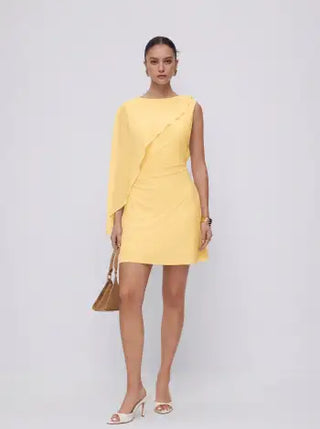 Textured Boat Neck Ruched Asymmetrical Draped A-line Mini Dress