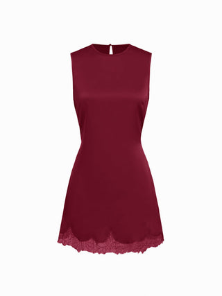 Satin Sleeveless Scallop Lace Mini Dress