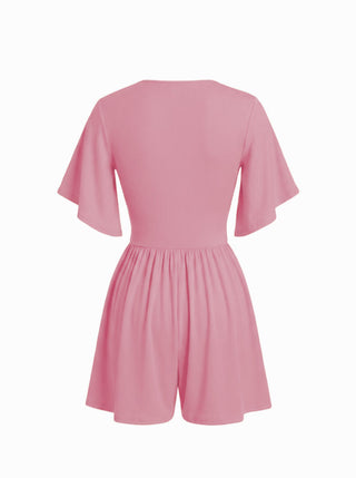 Textured V-neck Ruched Mid Rise Bell Sleeve Romper