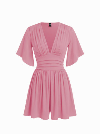 Textured V-neck Ruched Mid Rise Bell Sleeve Romper