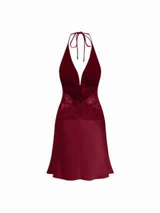 Satin Halter Neckline Lace Panel High Rise Slip Mini Dress