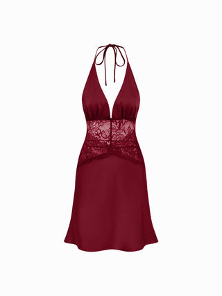 Satin Halter Neckline Lace Panel High Rise Slip Mini Dress