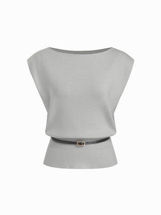 Knit Boat Neck Vest With Belt