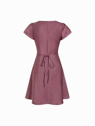 Satin V-neck Ruffle Sleeve Lace Trim Tie Front A-line Midi Dress