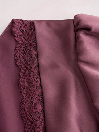 Satin V-neck Ruffle Sleeve Lace Trim Tie Front A-line Midi Dress