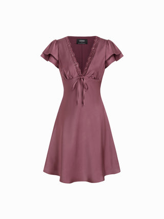 Satin V-neck Ruffle Sleeve Lace Trim Tie Front A-line Midi Dress