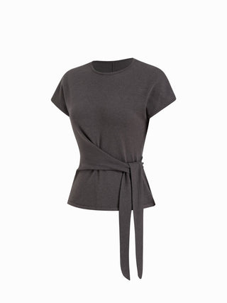 Knit Wool-blend Twist Knotted Short Sleeve Top