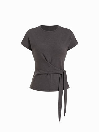 Knit Wool-blend Twist Knotted Short Sleeve Top