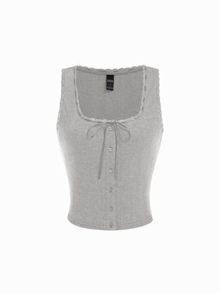 Pointelle Textured Scoop Neck Lace Trim Bowknot Tank Top