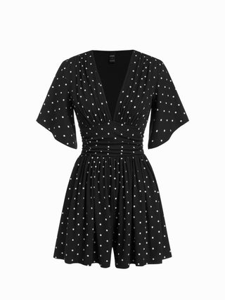 Textured V-neck Ruched Mid Rise Bell Sleeve Romper